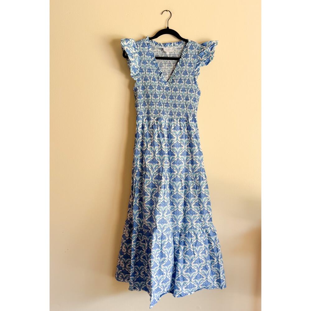 Sugar Lips Blue + White Geo Sunfire Elyse Tiered Cap Sleeve Midi Dress Medium - Picture 11 of 12